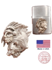 Miếng dán Eblem trang trí Zippo Mỹ chủ đề Thổ Dân và Chó Sói chất liệu bạc 925, Chuẩn Zin sản xuất Mexico