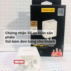 Củ sạc Pisen FYD-DQ-15 có 3 cổng USB + 1 cổng Type C công suất 18W, hàng chính hãng nội địa có chứng nhận 3C an toàn