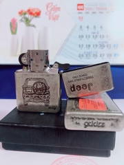 Bật lửa Zippo khắc ăn mòn xe Jeep màu Bạc loại giả cổ, có tem đỏ