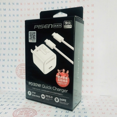 Bộ sạc Gallium Nitride 30W-Pisen Quick-Mr White Tiny kèm cáp Type C ra Type C, Quét QR kiểm tra, bảo hành 24 tháng