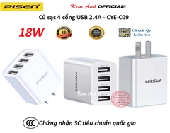 Củ sạc Pisen CYE-C09, 4 cổng USB công suất 18W, Hàng chính hãng nội địa có chứng nhận tiêu chuẩn 3C về an toàn sản phẩm