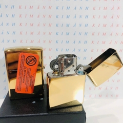 Hộp quẹt ZIPPO màu Vàng mộc đáy La Mã loại trơn bóng, Kim Ánh nhập hàng cao cấp vỏ bằng đồng có dán tem đỏ