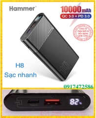 Sạc Dự Phòng Hammer (H08) Li-Ion - Polymer 10.000mAh, Sạc nhanh QC 3.0,PD 18w, LCD  -Chính Hãng, bảo hành 12 tháng