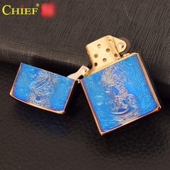 Hộp quẹt, bật lửa Chief chủ đề Tỳ Hưu Tài Lộc màu xanh lửa băng, hàng loại 1 cao cấp vỏ bằng đồng