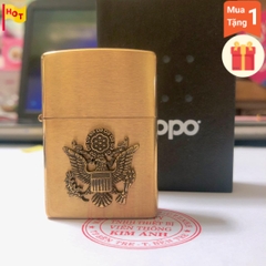 Bật lửa, hộp quẹt Zippo Mỹ Brush Brass Eblem logo Quân Sự Mỹ, Hàng chính hãng