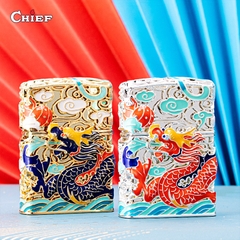 Bật lửa, hộp quẹt Chief đồng nguyên chất chủ đề Rồng Phun Châu, hàng chính hãng bằng đồng