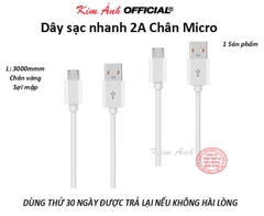 Dây sạc 3 mét dòng điện 2A chân cắm Micro, chân tiếp xúc đồng sạc rất nhanh vào pin, Kim Ánh bảo hành 12 tháng