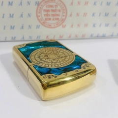 Bật lửa Zippo Chu Niên Brass, khắc chìm cẩn xà cừ mẫu la bàn, vỏ đồng ruột thép không gỉ