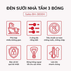 Đèn Sưởi Nhà Tắm Saiko 3 Bóng BH-3830H 825W