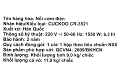 Nồi cơm điện Cuckoo CR3521 vung liền, 6,3 lít nhập khẩu Hàn Quốc