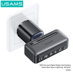 Pin Dự Phòng Mini USAMS CD233 nhỏ gọn, sạc nhanh 20W, tích hợp cáp sạc Type-C+Lightning có màn hình hiển thị pin dùng cho điện thoại iPhone, Samsung, Xiaomi