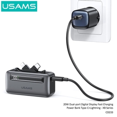 Pin Dự Phòng Mini USAMS CD233 nhỏ gọn, sạc nhanh 20W, tích hợp cáp sạc Type-C+Lightning có màn hình hiển thị pin dùng cho điện thoại iPhone, Samsung, Xiaomi