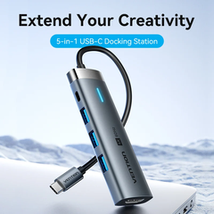 HUB Mở Rộng Đa Năng 5-in-1 VENTION TGM (Type C to 1*HDMI 4K@60Hz, 3*USB3.0 5Gbps, 1*Type-C 3.2 Gen1 5Gbps+PD 100W)