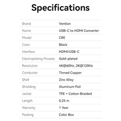 Cáp Chuyển Type-C to HDMI2.0 Female VENTION CREBC 4K@60Hz (4K@60Hz 2K@120Hz, Cotton Braided, 0.25M)