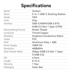 HUB Mở Rộng Đa Năng 5-in-1 VENTION TGM (Type C to 1*HDMI 4K@60Hz, 3*USB3.0 5Gbps, 1*Type-C 3.2 Gen1 5Gbps+PD 100W)