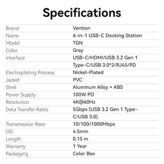 Hub Mở Rộng Kết Nối Đa Năng 6-in-1 VENTION TGN (0.15M, 5Gbps, C to HDMI 4K@60Hz, Type-C3.2 Gen1*1, USB 3.0*2, RJ45 1Gbps*1,PD 100W*1)