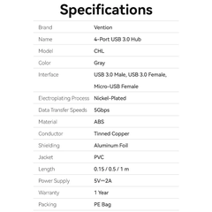 Hub Mở Rộng Kết Nối Đa Năng VENTION CHL (USB3.0 to USB3.0*4, with Power Supply) 0.15M