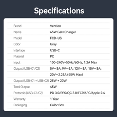 Củ Sạc Nhanh 2C VENTION GanDash Series FCD 45W (GaN V Tech, PD3.0 & PPS)