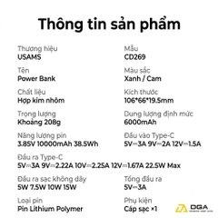 Pin Dự Phòng Không Dây USAMS CD269 10000mAh 22.5W (CCC / 3C Certification, 1*Type-C port, 15W Wireless Charging, Digital Display)