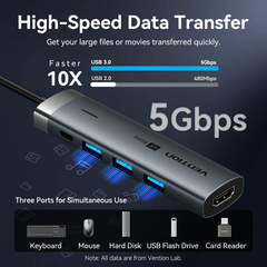 HUB Mở Rộng Đa Năng 5-in-1 VENTION TGM (Type C to 1*HDMI 4K@60Hz, 3*USB3.0 5Gbps, 1*Type-C 3.2 Gen1 5Gbps+PD 100W)
