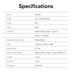 HUB Mở Rộng Đa Năng 5-in-1 VENTION TGX (USB-A to USB-C 3.2 Gen 1*1/USB 3.0*3/USB-C*1, 0.15M)