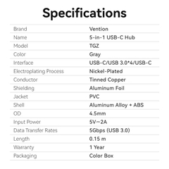 HUB chuyển Vention USB-C to USB 3.0*4/USB-C Hub 0.15M Gray Aluminum Alloy Type ( TGZHB )