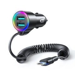 Tẩu sạc nhanh Joyroom CL24 3.4A có RGB 3 in 1 với 2 cổng USB + 1Type C nối dài Car Charger with Coiled