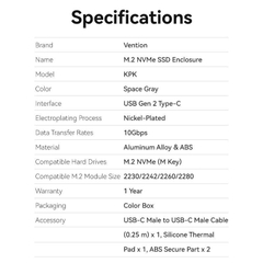 Box Đựng Ổ Cứng Di Động SSD M.2 Vention M.2 NVMe SSD Enclosure KPKH0 (USB 3.1 Gen 2-C, with Heat Sink)