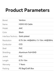 Cáp HDMI 2.0 4K Vention AAC (4K@60Hz/10.2 Gbps)