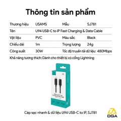 Cáp sạc điện thoại C to IP 30w USAMS model: SJ781 U94 dài 1m
