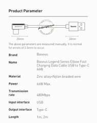 Cáp sạc nhanh 66W USB Type C Legend Series Elbow Fast Charging Data Cable