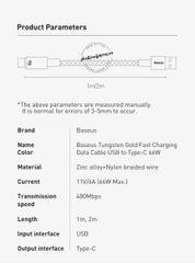 Cáp sạc nhanh Baseus Tungsten Gold Type C Fast Charging Data Cable