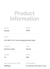Cáp Sạc Nhanh C to C USAMS SJ769 U91 60W (1.2m, 480Mbps)