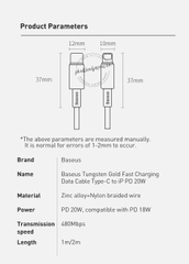 Cáp sạc nhanh C to Lightning 20W Baseus Tungsten Gold Fast Charging Data Cable