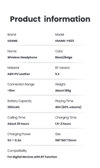 Tai Nghe Chụp Tai USAMS YG23 (Bluetooth v5.3, 300mAh, 40hrs, 3D Stereo Sound, HD calls, thumping bass, customized 3D stereo sound, immersive music listening)