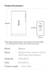 Sạc dự phòng tích hợp cóc sạc Baseus Power Station 4 Hybrid GaN công suất 10000mAh 87W  Power Bank Adaptor