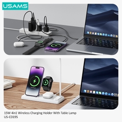 Đế sạc không dây USAMS CD195 15W 4in1 Wireless Charging Holder With Table Lamp tích hợp đèn bàn