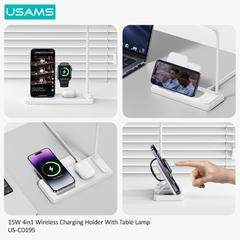 Đế sạc không dây USAMS CD195 15W 4in1 Wireless Charging Holder With Table Lamp tích hợp đèn bàn