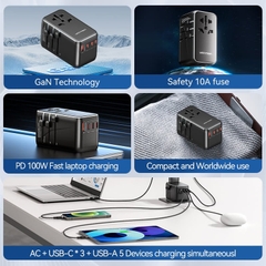 Bộ sạc du lịch Vention 4 cổng sạc C+C+C+A GaN 100W Universal Travel Adapter