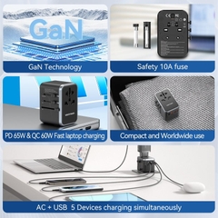 Củ sạc du lịch Vention 4 cổng sạc C+C+A+A GaN 65W Universal Travel Adapter