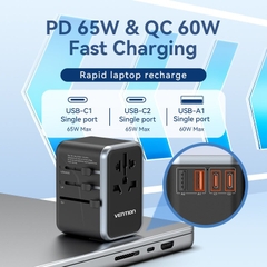 Củ sạc du lịch Vention 4 cổng sạc C+C+A+A GaN 65W Universal Travel Adapter