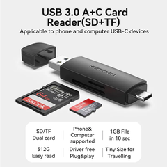 Đầu Đọc Thẻ Nhớ 2-in-1 USB3.0 A+C to SD+TF VENTION CLK (5Gbps, Max 512GB)
