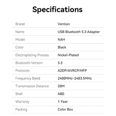 USB Bluetooth VENTION NAH (Bluetooth v5.3, Kết Nối Cùng Lúc 5 Thiết Bị, 24bit/192kHz)