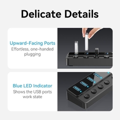 HUB chia cổng USB3.0 tốc độ cao Vention USB B 3.0 to USB 3.0 x7-Port Hub - CHX (5Gbps USB3.0, bât/tắt nguồn riêng cho từng Port)