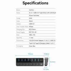 HUB chia cổng USB3.0 tốc độ cao Vention USB B 3.0 to USB 3.0 x7-Port Hub - CHX (5Gbps USB3.0, bât/tắt nguồn riêng cho từng Port)