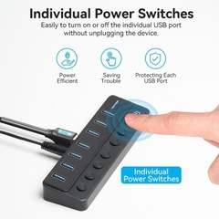 HUB chia cổng USB3.0 tốc độ cao Vention USB B 3.0 to USB 3.0 x7-Port Hub - CHX (5Gbps USB3.0, bât/tắt nguồn riêng cho từng Port)