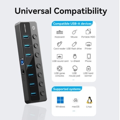 HUB chia cổng USB3.0 tốc độ cao Vention USB B 3.0 to USB 3.0 x7-Port Hub - CHX (5Gbps USB3.0, bât/tắt nguồn riêng cho từng Port)