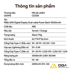 Pin Dự Phòng USAMS CD258 10000mAh 20W (With Built-in Type-C + Lighting cable, Digital Display, 3C Certification)