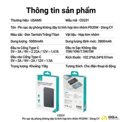 Pin Sạc Dự Phòng Không Dây Siêu Mỏng USAMS CD231 5000mAh 20W (15W Wireless Charging)