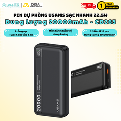 Pin Dự Phòng USAMS CD265 20000mAh 22.5W (1*Type-C + 1*USB-A port, Digital Display)
